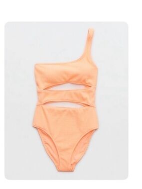 aerie Neon Coral Ribbed One-Shoulder Swimsuit